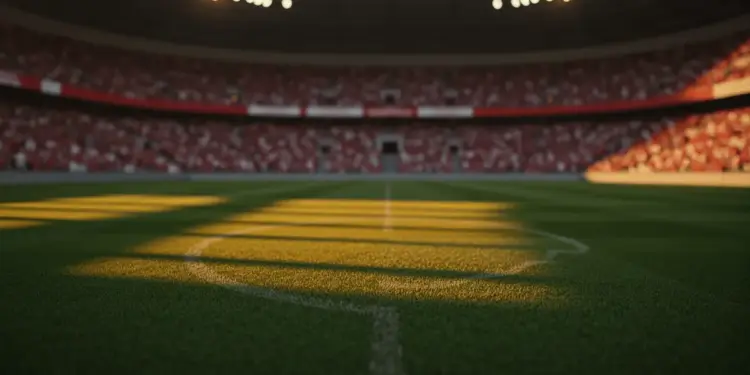 Floodlit football stadium pitch at dusk with shadow patterns, empty field, crowd blur in background.