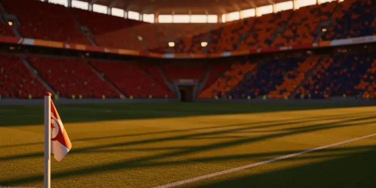 Illuminated stadium pitch at sunset with packed stands, dramatic colour-graded lighting emphasizing red and orange tones.