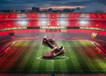 Floodlit stadium pitch at dusk with Tunisian red and white lighting, professional football boot in motion across centre circle.