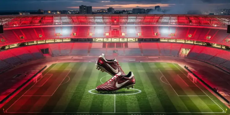 Floodlit stadium pitch at dusk with Tunisian red and white lighting, professional football boot in motion across centre circle.