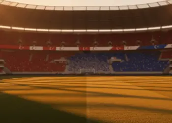 Floodlit stadium pitch at golden-hour with packed stands, dramatic shadows, and Turkish and Paraguayan flag colour palettes.