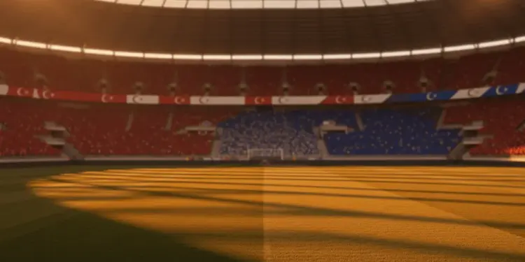 Floodlit stadium pitch at golden-hour with packed stands, dramatic shadows, and Turkish and Paraguayan flag colour palettes.