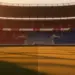 Floodlit stadium pitch at golden-hour with packed stands, dramatic shadows, and Turkish and Paraguayan flag colour palettes.