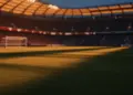 Floodlit stadium pitch at golden hour with dramatic shadows, no players visible, Turkish and US flag colour tones in lighting design.