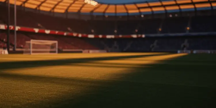 Floodlit stadium pitch at golden hour with dramatic shadows, no players visible, Turkish and US flag colour tones in lighting design.