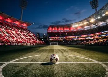 Floodlit stadium pitch with red and white bunting, ball on centre circle, evening light and dramatic shadows.