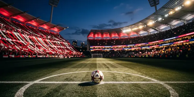 Floodlit stadium pitch with red and white bunting, ball on centre circle, evening light and dramatic shadows.