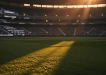 Empty floodlit football pitch at sunset with packed stadium stands and dramatic shadow patterns in U.S. and Australian national colours.