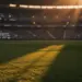 Empty floodlit football pitch at sunset with packed stadium stands and dramatic shadow patterns in U.S. and Australian national colours.