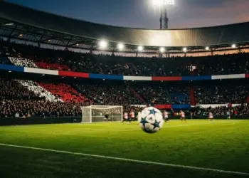 Floodlit football stadium with ball in mid-flight, red-white-blue colour palette, packed stands and dramatic shadows.