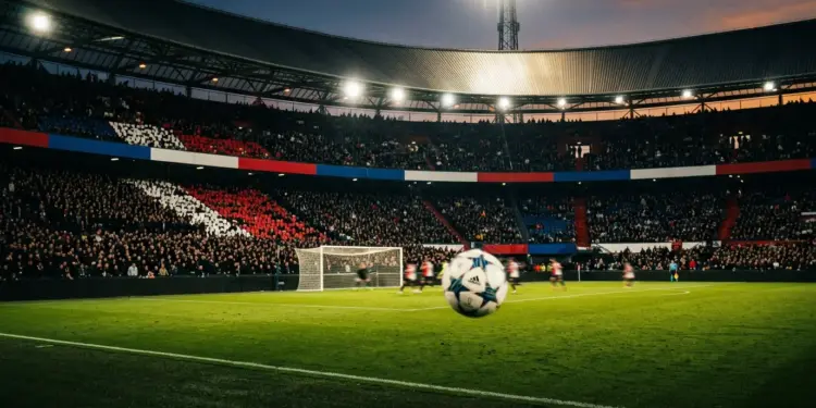 Floodlit football stadium with ball in mid-flight, red-white-blue colour palette, packed stands and dramatic shadows.