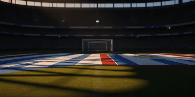 Floodlit stadium pitch at golden hour with dramatic shadows, empty field ready for match.