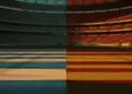 Empty floodlit stadium at dusk showing Uruguay and Spain national colours reflected on pitch