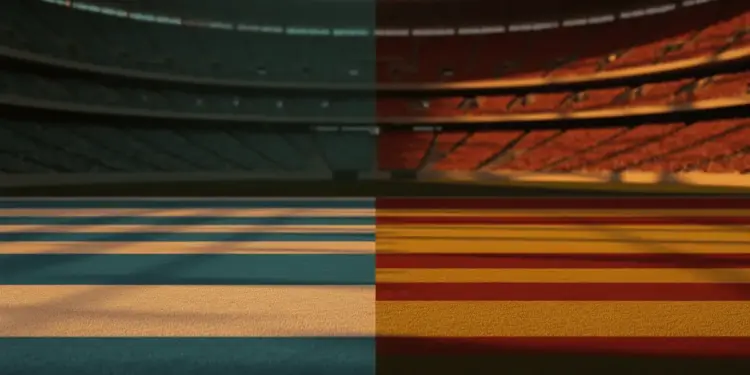 Empty floodlit stadium at dusk showing Uruguay and Spain national colours reflected on pitch