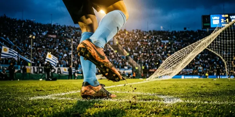 Floodlit football pitch with sky-blue atmospheric lighting, anonymous player boot in motion, dramatic shadows and stadium backdrop.