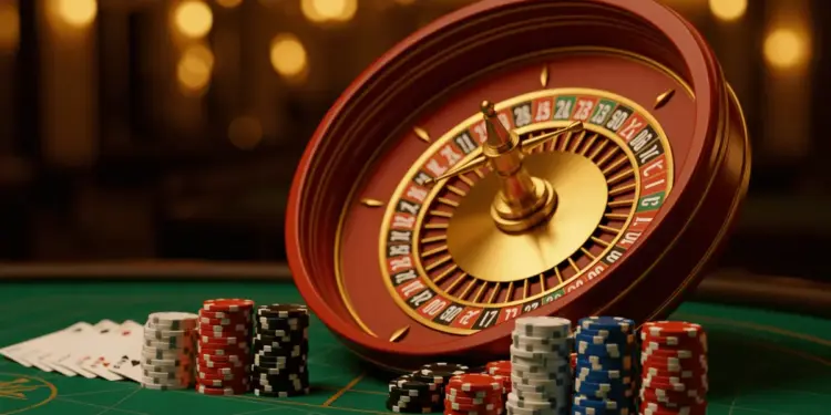 Premium roulette wheel with casino chips on green felt table representing US and non-UK casinos for UK players