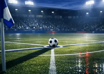 Floodlit football pitch with ball on centre spot, dramatic shadows, stadium lights at dusk. Match preview atmosphere.