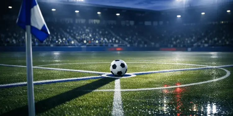 Floodlit football pitch with ball on centre spot, dramatic shadows, stadium lights at dusk. Match preview atmosphere.
