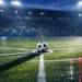 Floodlit football pitch with ball on centre spot, dramatic shadows, stadium lights at dusk. Match preview atmosphere.