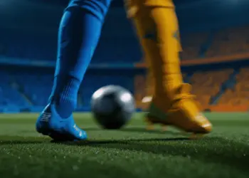 Evening floodlit pitch with two boots in motion—azure and gold—competing for a football in motion blur, shallow depth of field.