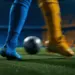 Evening floodlit pitch with two boots in motion—azure and gold—competing for a football in motion blur, shallow depth of field.