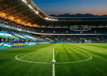 Floodlit stadium pitch at golden hour with white and blue national colours in stand bunting, football on centre circle.