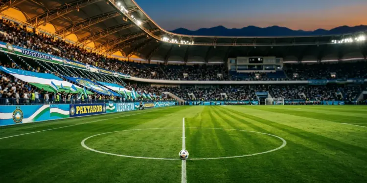 Floodlit stadium pitch at golden hour with white and blue national colours in stand bunting, football on centre circle.
