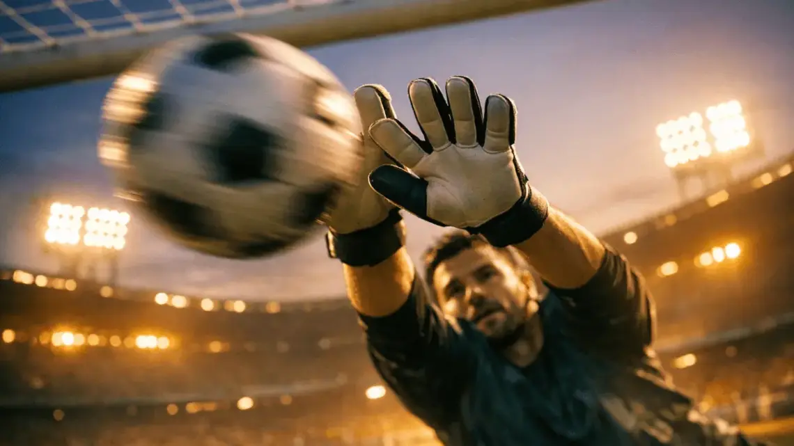 Goalkeeper's hands making a save in a floodlit stadium during golden hour, low-angle shot with motion blur
