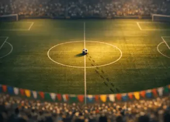 Aerial view of floodlit stadium pitch with coloured bunting in stands, ball on centre spot, golden-hour lighting.