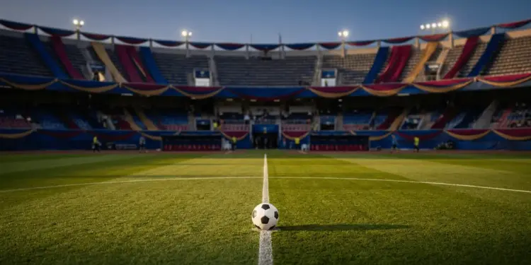 Floodlit stadium with coloured bunting and ball on pitch, pre-match atmosphere