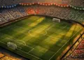 Aerial stadium view at dusk with flag-coloured bunting across stands and floodlit pitch markings below.