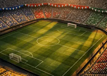 Aerial stadium view at dusk with flag-coloured bunting across stands and floodlit pitch markings below.