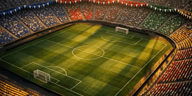 Aerial stadium view at dusk with flag-coloured bunting across stands and floodlit pitch markings below.