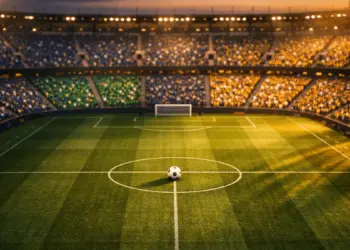 Aerial view of floodlit stadium pitch with centre ball, Group J flag-colour stand sections, pre-match atmosphere.