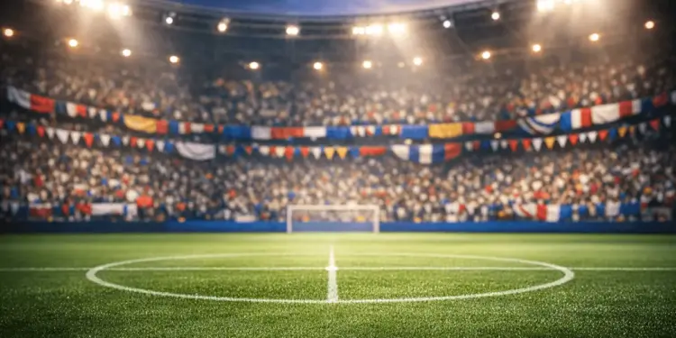 Floodlit stadium with bunting and national-flag colours draped across packed stands, empty pitch bathed in evening spotlight.