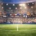 Floodlit stadium with bunting and national-flag colours draped across packed stands, empty pitch bathed in evening spotlight.