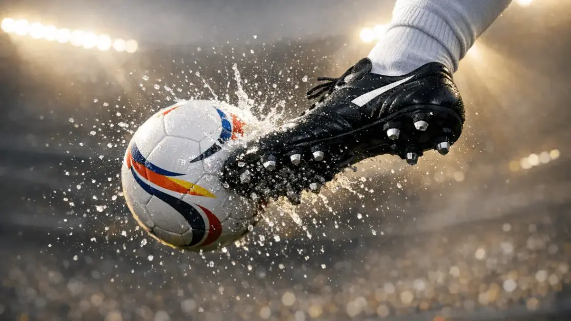 Footballer's boot striking ball mid-flight with stadium lights and crowd blur in background