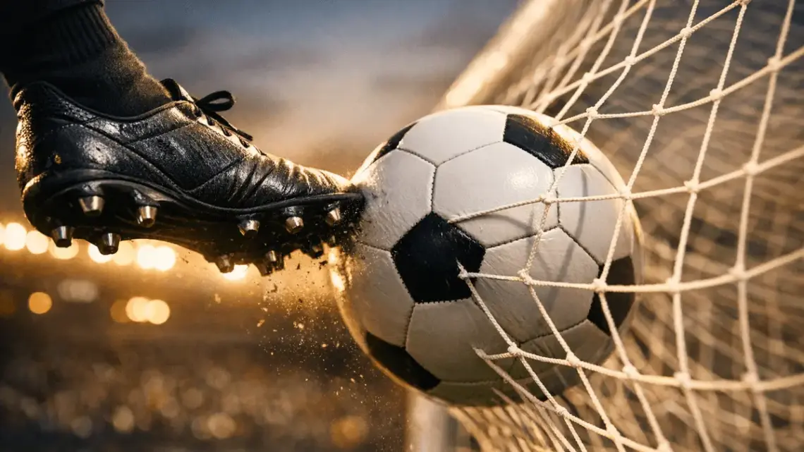 Football boot striking ball toward goal net with floodlit stadium in background at dusk