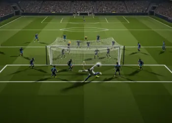 Overhead tactical view of World Cup goalkeeper diving as ball enters net, showing player positioning and formations