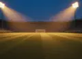 Floodlit stadium pitch at golden-hour with dramatic shadow patterns, empty turf in blue and amber light, packed stands blurred behind.