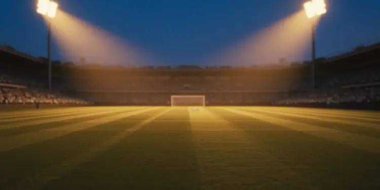 Floodlit stadium pitch at golden-hour with dramatic shadow patterns, empty turf in blue and amber light, packed stands blurred behind.