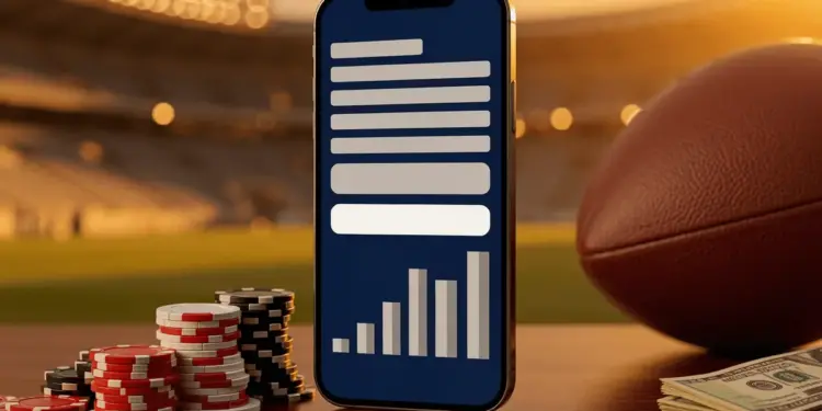 Smartphone displaying sportsbook interface with betting chips and football on dark surface