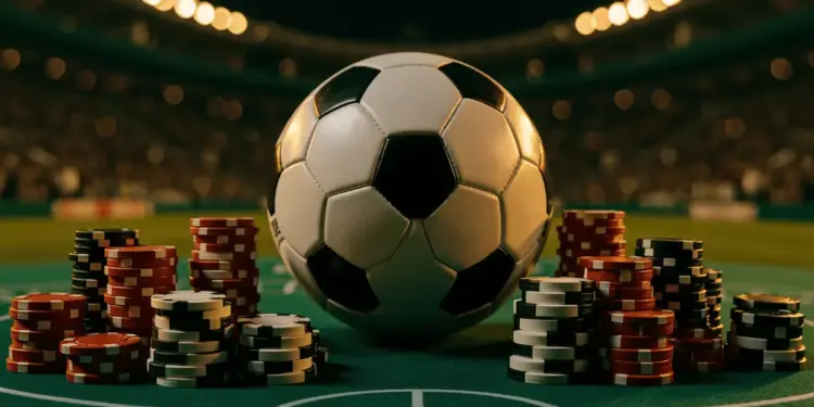 FIFA World Cup football and betting chips on green felt table with stadium lights in background