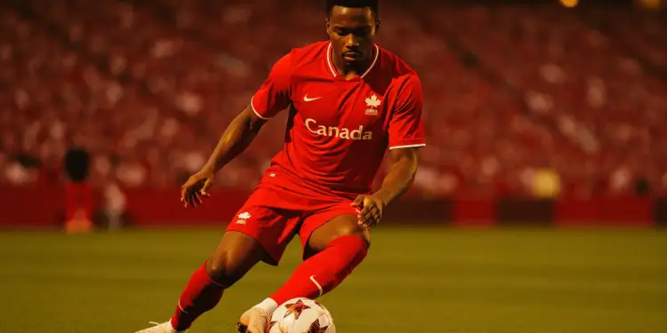 Canadian midfielder controlling ball in red jersey at packed stadium during World Cup match