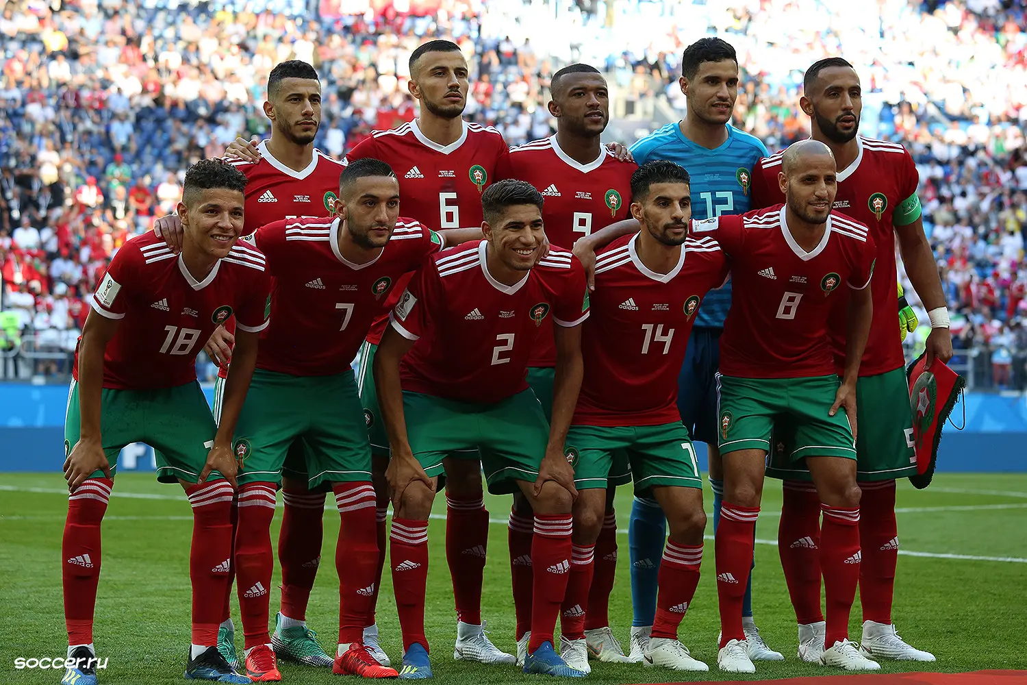 Morocco national football team players posing for a photo during the World Cup.