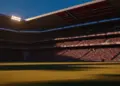 Floodlit stadium at dusk with packed stands and dramatic shadow patterns across empty pitch