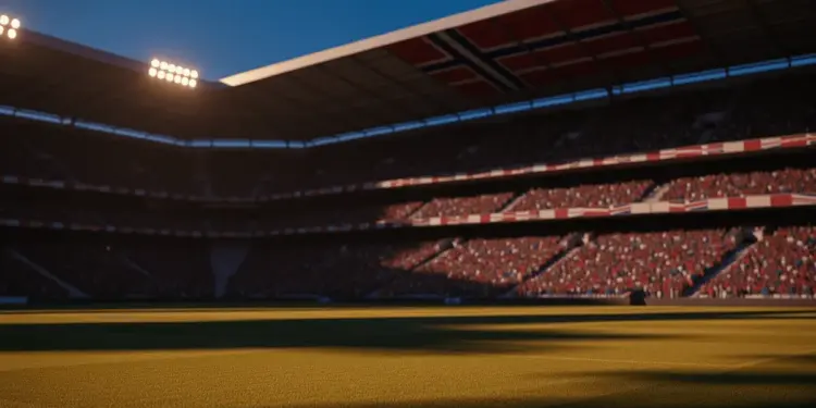 Floodlit stadium at dusk with packed stands and dramatic shadow patterns across empty pitch