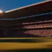 Floodlit stadium at dusk with packed stands and dramatic shadow patterns across empty pitch