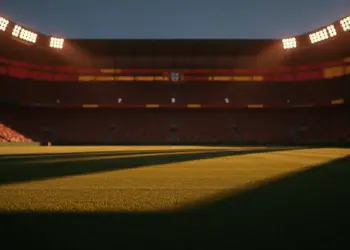 Floodlit football stadium at dusk with red and green atmospheric lighting, packed silhouetted stands, empty pitch with dramatic shadows.