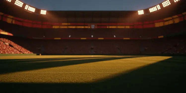 Floodlit football stadium at dusk with red and green atmospheric lighting, packed silhouetted stands, empty pitch with dramatic shadows.